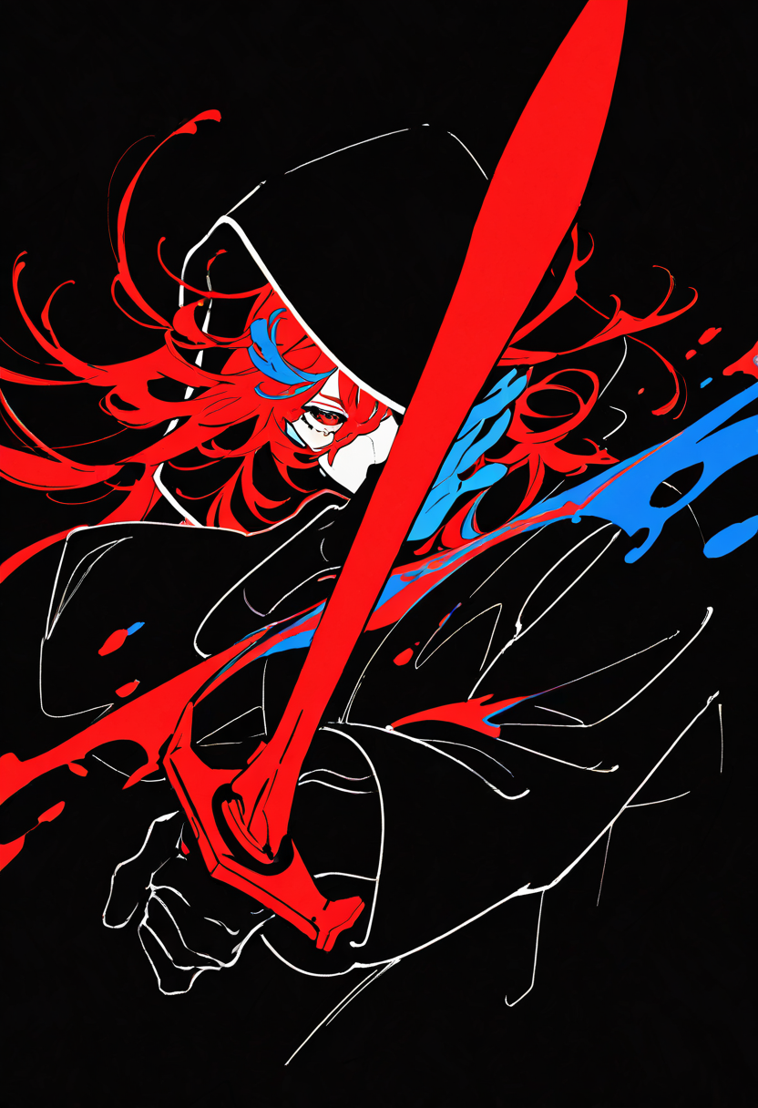 (very awa,masterpiece,best quality,year 2024,newest,highres,absurdres:1),yoneyama mai, lineart, monochrome, (red sword), (fighting stance), (disheveled hair:1.1), (dark theme), chiaroscuro, foreshortening, (colorful splashes:1.1), (shining:1.1), (focus on face:1.1), Glowing skin, Strong contrast, long sleeves, simple background, red eyes, weapon, hood, black background, sword, hooded jacket, meme, jacket, hood up, red long hair, glowing, half-closed eyes, looking at viewer