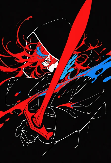 (very awa,masterpiece,best quality,year 2024,newest,highres,absurdres:1),yoneyama mai, lineart, monochrome, (red sword), (fighting stance), (disheveled hair:1.1), (dark theme), chiaroscuro, foreshortening, (colorful splashes:1.1), (shining:1.1), (focus on face:1.1), Glowing skin, Strong contrast, long sleeves, simple background, red eyes, weapon, hood, black background, sword, hooded jacket, meme, jacket, hood up, red long hair, glowing, half-closed eyes, looking at viewer