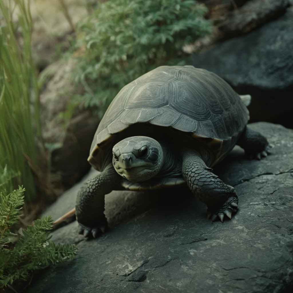 cinematic film still of <lora:rotated view Style:1>
a turtle walking on a rock next to a plant in a dutch angle style rotated view style canted angle, shallow depth of field, vignette, highly detailed, high budget, bokeh, cinemascope, moody, epic, gorgeous, film grain, grainy