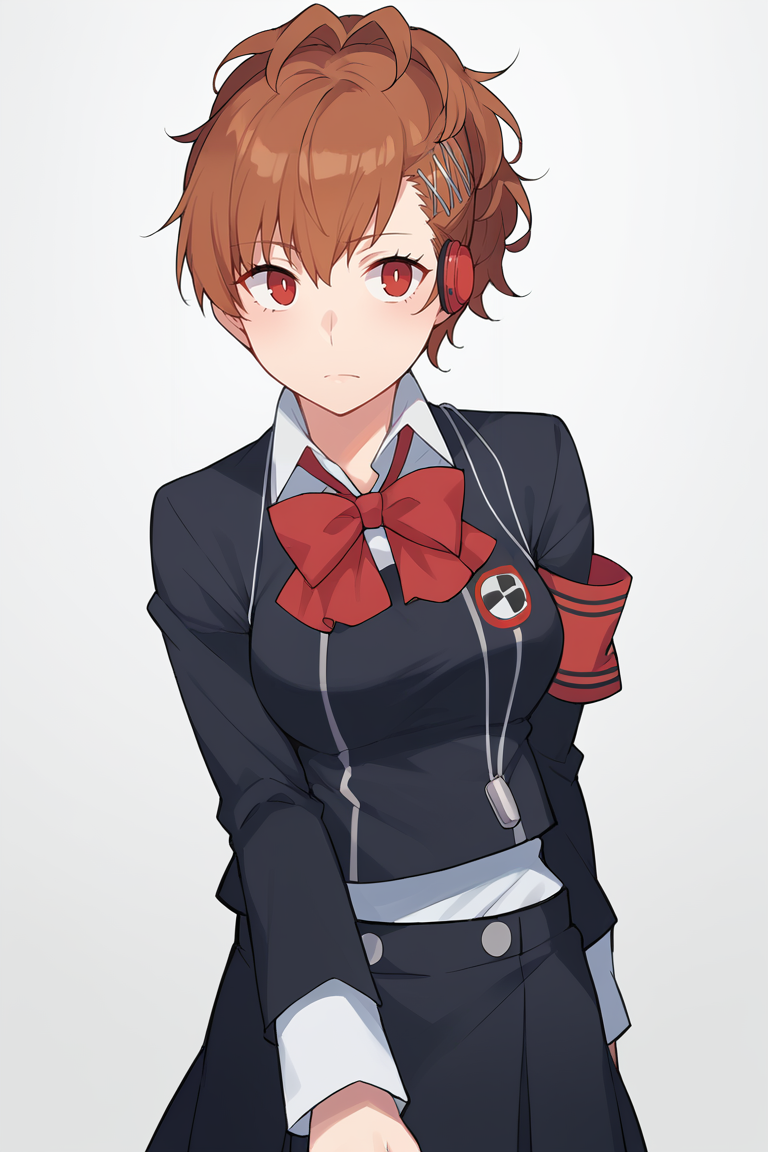 score_9, score_8_up, score_7_up, BREAK,  <lora:ntrman-guy-PONYv1:1>, 1girl, solo, breasts,  <lora:persona3_shiomi_ponyXL:0.95> shiomi kotone, hairclip, gekkoukan high school uniform, black jacket, red bow, armband, long sleeves, black skirt, headphones, digital media player
