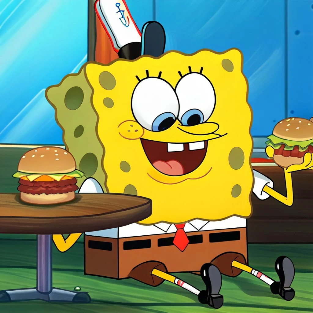 score_9, score_8_up, score_7_up, score_6_up, source_cartoon, spongebob, sitting at a table, looking down, open mouth, eating a burger, krusty krab hat, blue eyes, brown pants, red tie, white shirt, black shoes, yellow skin, high quality, cartoon