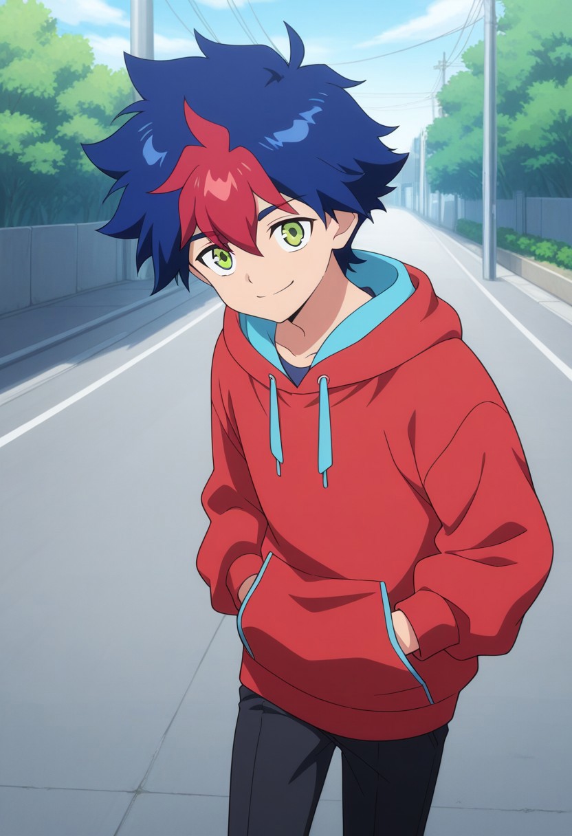 masterpiece,best quality,amazing quality, source_anime,
RaitoTenryu, 1boy, male focus, solo, green eyes, multicolored hair, blue hair, red hair, hoodie, red hoodie, hood, outdoor, smile,