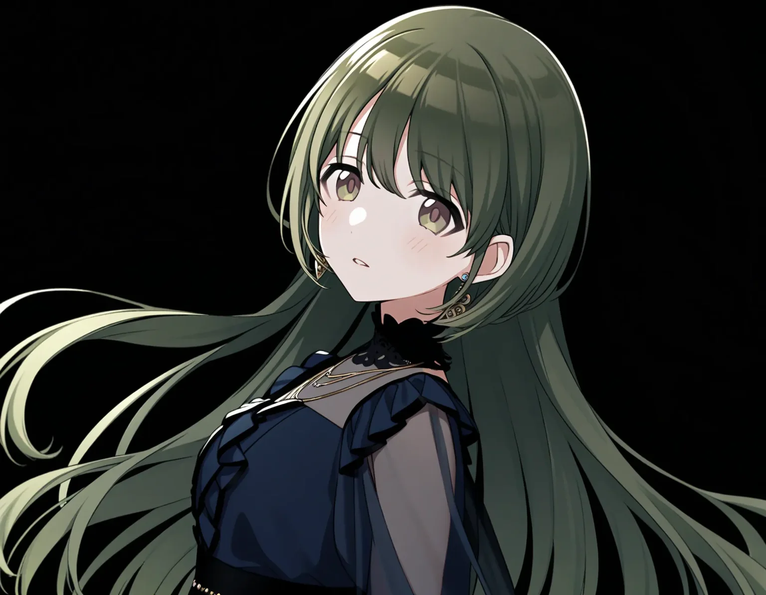 n_nanakusa, 1girl, solo, long hair, green hair, bangs, green eyes
from side, jewelry, dress, looking at viewer, earrings, long sleeves, blue dress, see-through, black dress, puffy sleeves, parted lips, expressionless, blush, frills, necklace, frilled sleeves, black background, wide sleeves, asymmetrical sleeves, breasts
<lora:a31_n_nanakusaXL:1>