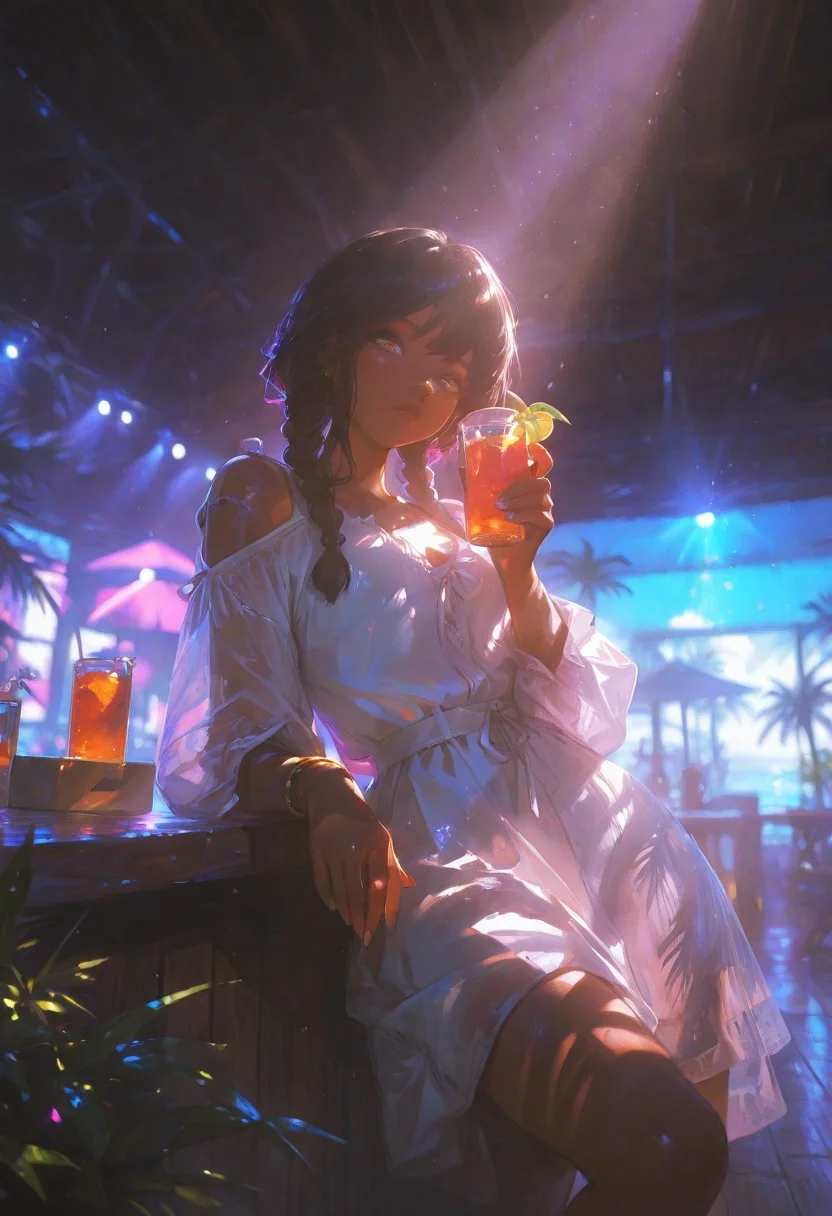 volumetric lighting, ambient occlusion, masterpiece, very aesthetic, absurdres, stage, spotlight, impressionism, excellent depth of field, partly realistic texture, dramatic lighting, sharp focus, newest, absurdres, highres, very aesthetic, masterpiece, eye-catching, beautiful eye details, bright colors, vivid colors,extreme contrast, foreshortening, high resolution, best quality, ultra high definition, extremely high detail, cinematic field of view, perfect composition, intricate details, enriched colors,dynamic pose, absurdres, masterpeice, best quality, very aesthetic, wide shot,, low angle, detailed, usnr, , club, tropical,plants, beach bar,  dynamic pose,  looking at viewer, blurry background, absurdres,  wide shot,, low angle, detailed, usnr,,dark skin,1girl,solo, sexy woman, beautiful girl, tan lines, dark skin, bangles, jewelry, a beautiful woman in a beach bar, holding drink, swimsuit, white dress over swimsuit,Box braids