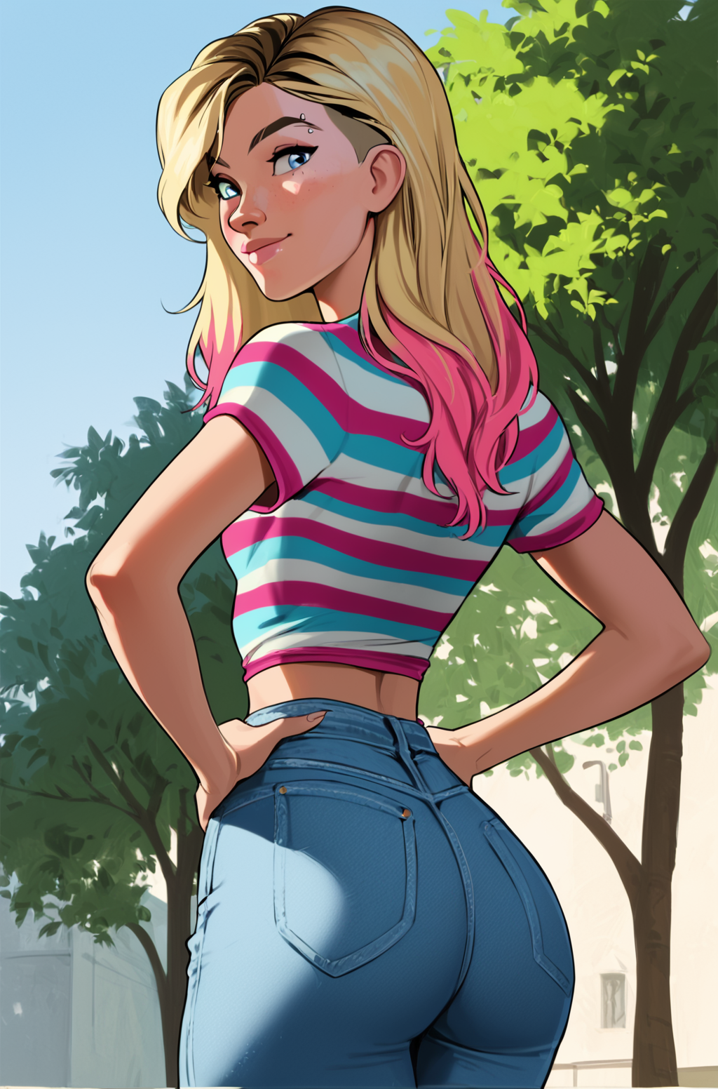 PonyXLV6_Scores BREAK (perfect anatomy, perfect eyes, cowboy shot), <lora:add_details_xl:0.8> BREAK <lora:Gwen_Stacy_-_Marvel_Animation:0.8> gwen stacy, blonde hair, asymmetrical hair, multicolored hair, pink hair, eyebrow piercing, blue eyes, flirting, raised eyebrow, ((looking back at viewer)), striped shirt, denim, tight jeans, small breasts, curvy, toned, athletic, standing, seductive pose, hands on hip, outdoors