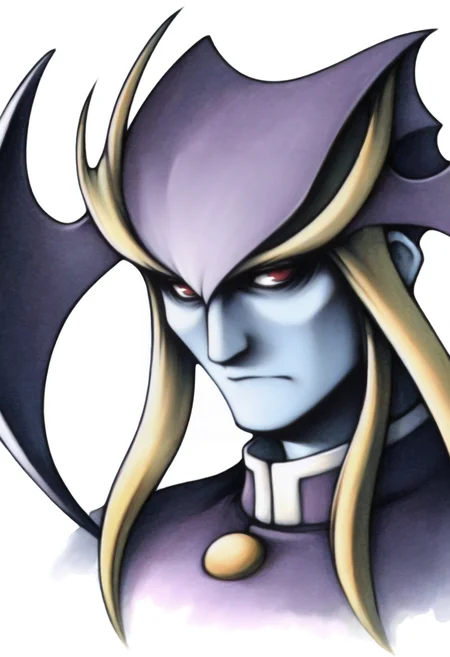 masterpiece, best quality, solo, 1boy, looking at viewer, <lora:FF7-Portraits-illus_Fp:1>, simple background, portrait, white background, <lora:Jedah-illus_Fp:1>, jedahv, blue skin, red eyes, head wings, wings, uniform, expressionless, blonde hair