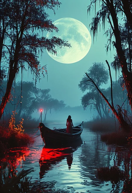 linquivera, Ink illustration, (anime:0.5), brown tones, aged black red paper, inkpunk, moonlight,surreal, a ghost standing on a boat in swampy wetlands, (at a distance), Will-o'-the-wisp, moonlit, lonely, solitude, windy, tall trees, willows, willowy, OverallDetail, extremely detailed, UHD,(long exposure , dystopian but extremely beautiful:1.4),<lora:- SDXL - letitflrsh_let_it_flourish_V1.0:0.8> ,<lora:Cute_Collectible:1>, <lora:XL_boss_battle:0.6> <lora:add-detail-xl:1>, <lora:Concept Art Twilight Style SDXL_LoRA_Pony Diffusion V6 XL:1>, <lora:MJ52:1> As you close into the depths, the pristine white walls of an elongated Exoplanet base glisten in the moonlight. But as it enters into their exploration, Sultry boudoir photography, Portals ringed with colors extending beyond normal perception ultraviolets so deep they hurt to perceive,by Kuang Hong, Milton Glaser, Vector Art, landscape, Movie still, best quality, hair light, Slow Shutter Speed, Kodak UltraMax 400, Depth of field 270mm, digital art, rich colors