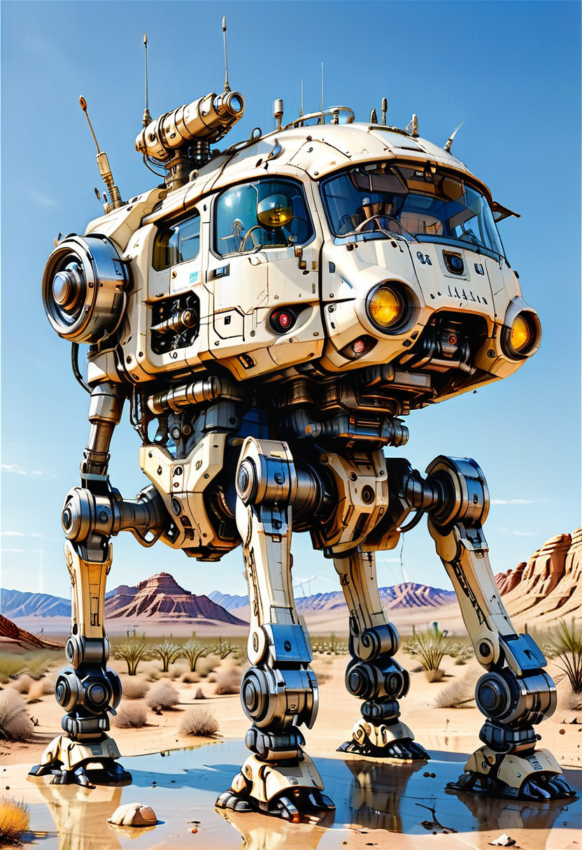robot, mecha, science fiction, no humans, desert, non-humanoid robot, radio antenna, mountain, outdoors, sky, standing, reflection, Walking vehicle, pale yellow paint
(ultra sharp focus:2), (detailed windows:2), (thin lines:2), 
(best quality:1.8),
<lora:Apparatus - Traction City Walkers Vehicles_epoch_11:0.8>