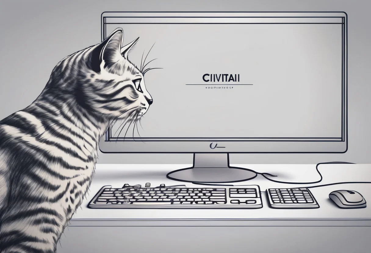 an office desk with a computer monitor displaying the word 'civitai', a cat playfully tapping on the keyboard, photography, epic, masterpiece, RAW, 8k, high definition, high detail, intricate, sharp focus, award winning