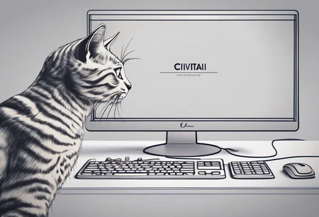 an office desk with a computer monitor displaying the word 'civitai', a cat playfully tapping on the keyboard, photography, epic, masterpiece, RAW, 8k, high definition, high detail, intricate, sharp focus, award winning