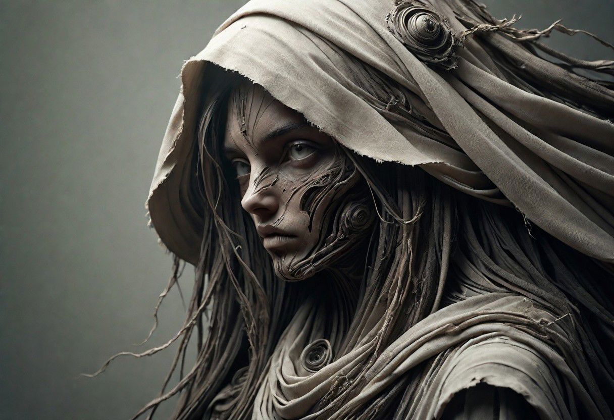 Super Closeup Portrait, Create a DARK dystopian description capturing the essence of an indian cyborg woman in a close-up photograph, featuring real human DARK green-gray eyes with an intense gaze. The subject has long flowing hair, draped in a ghostly white star wars linen cloak billowing in the wind. The face is a striking fusion of half-cyborg with intricately crafted black saphir elements, cables, wires and half-human skin, creating a mesmerizing and enigmatic presence. standing at the ocean in bright sunlight, ethereal, sunray, 
very detailed, atmospheric haze, Film grain, cinematic film still, shallow depth of field, highly detailed, high budget, cinemascope, moody, epic, OverallDetail, gorgeous, 2000s vintage RAW photo, photorealistic, candid camera, color graded cinematic, eye catchlights, atmospheric lighting, skin pores, imperfections, natural, shallow dof