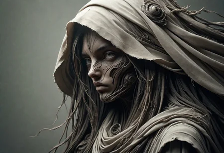 Super Closeup Portrait, Create a DARK dystopian description capturing the essence of an indian cyborg woman in a close-up photograph, featuring real human DARK green-gray eyes with an intense gaze. The subject has long flowing hair, draped in a ghostly white star wars linen cloak billowing in the wind. The face is a striking fusion of half-cyborg with intricately crafted black saphir elements, cables, wires and half-human skin, creating a mesmerizing and enigmatic presence. standing at the ocean in bright sunlight, ethereal, sunray,
very detailed, atmospheric haze, Film grain, cinematic film still, shallow depth of field, highly detailed, high budget, cinemascope, moody, epic, OverallDetail, gorgeous, 2000s vintage RAW photo, photorealistic, candid camera, color graded cinematic, eye catchlights, atmospheric lighting, skin pores, imperfections, natural, shallow dof