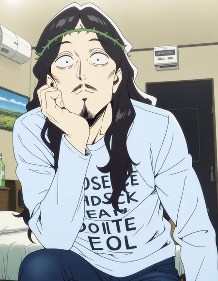 masterpiece, best quality, amazing quality,, <lora:jesus-ova-illustriousxl-lora-nochekaiser:1>, jesus, long hair, black hair, male focus, black eyes, facial hair, beard, mustache, constricted pupils, anime screencap, shirt, long sleeves, clothes writing, pants, denim, head rest, hotel room, bed, desk, mini_fridge, room_service, cowboy shot, solo, looking at viewer