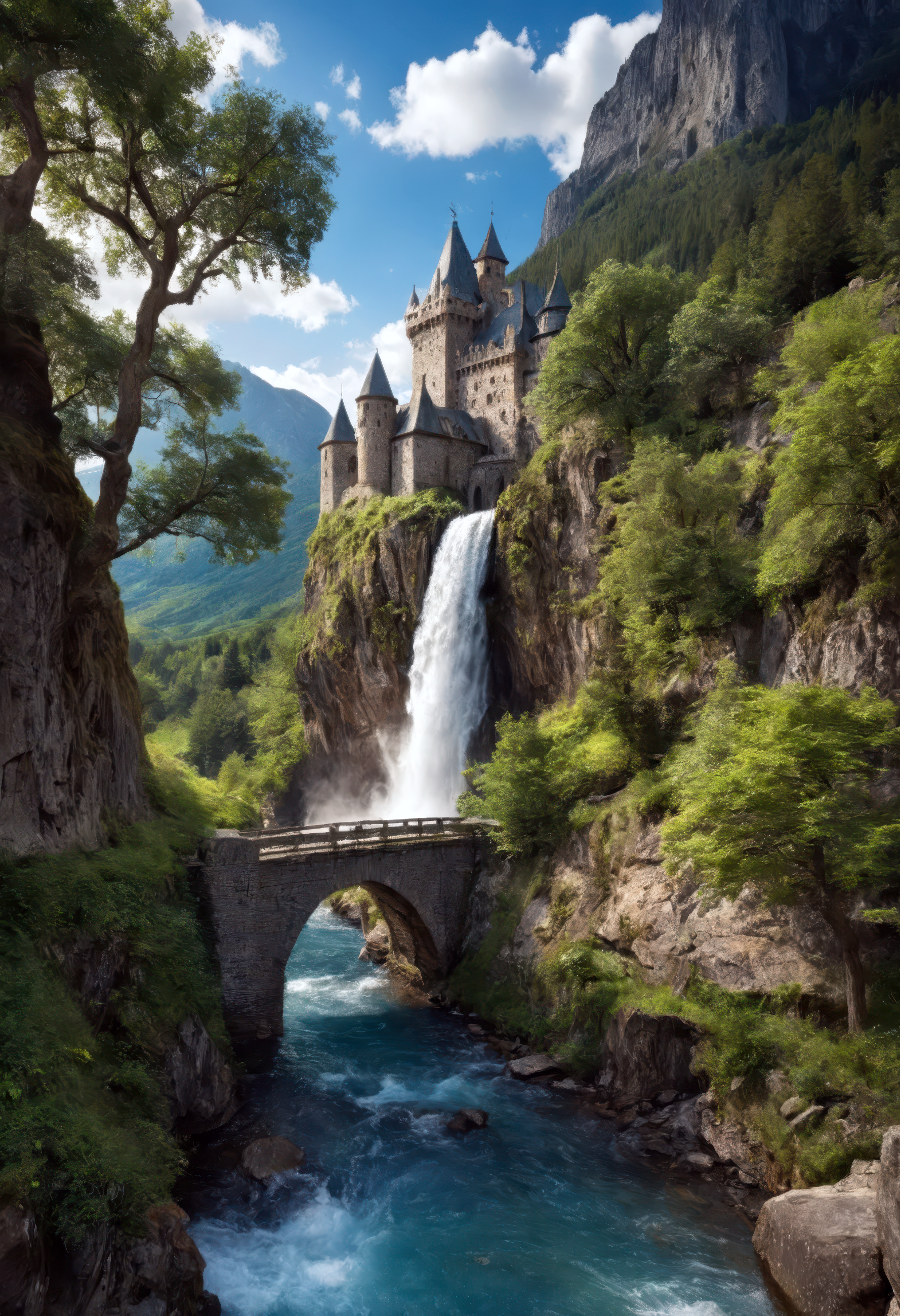 blurry background, depth of field, realistic scenery, outdoors, mountain, no humans, castle, waterfall, tree, river, water, day, sky, nature, cloud, blue sky, rock, forest, building, tower, landscape, bridge, stream, lake, grass, mountainous horizon, fantasy, cinematic angle, dynamic angle, vivid details, dramatic composition, engaging narrative, high-quality finish, captivating atmosphere, natural beauty, immersive scene