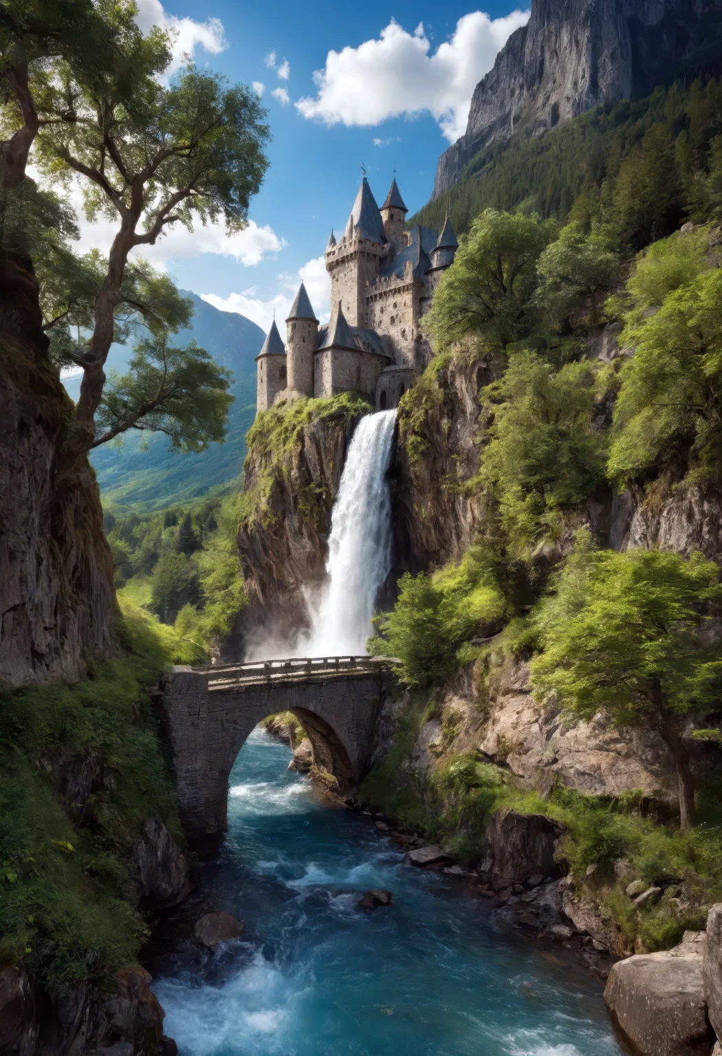 blurry background, depth of field, realistic scenery, outdoors, mountain, no humans, castle, waterfall, tree, river, water, day, sky, nature, cloud, blue sky, rock, forest, building, tower, landscape, bridge, stream, lake, grass, mountainous horizon, fantasy, cinematic angle, dynamic angle, vivid details, dramatic composition, engaging narrative, high-quality finish, captivating atmosphere, natural beauty, immersive scene