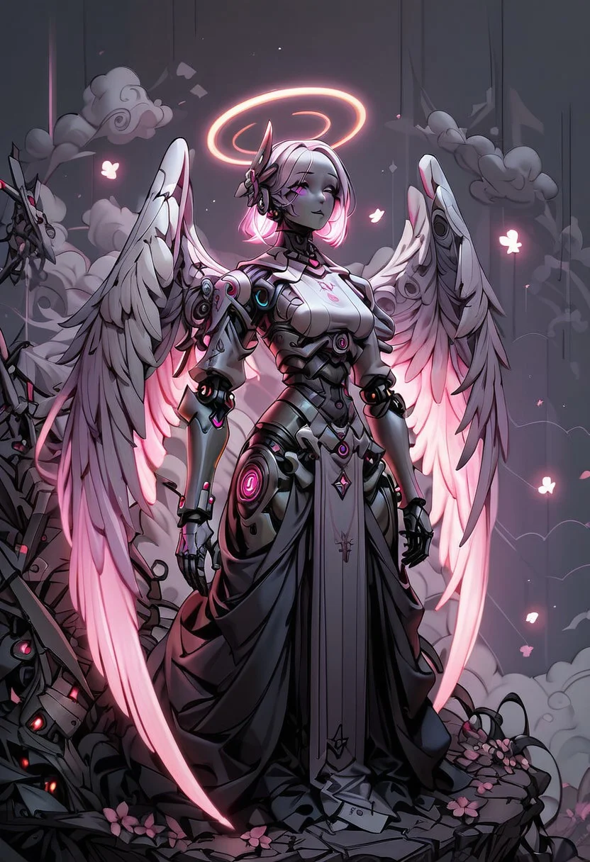 score_9, score_8_up, score_7_up, c0l0urgl0w, (angel), (wings), (white, marble), absurdres, (UHD), pure, (halo), holy, Pink glow, angelic, Robot Skin, Android Skin, ((full body)), surrounded by clouds, highly detailed, best quality, masterpiece, digital_art, <lora:Mechanism-pdxl-1:1.0>