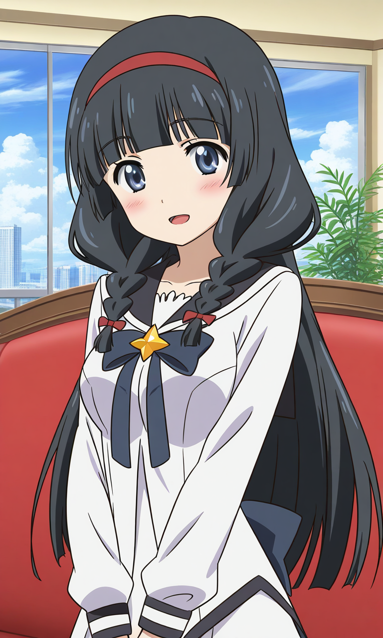 general,highres, ultra-detailed,very aesthetic,best quality ,best hands,  BREAK <lora:Itsuki_Houkago_no_Pleiades_IS:1> BREAK,
Itsuki(Pleiades), 1girl,solo, black hair, long hair, blue eyes, red hairband, twin braids, blunt bangs,breasts, anime coloring, BREAK,
 solo,  school uniform, blush, smile, cloud, sky, serafuku, upper body, long sleeves, cloudy sky, shirt, ribbon, v arms, blush, open mouth,
hotel, room, sofa,
smile,looking at viewer, cowboy_Shot,
