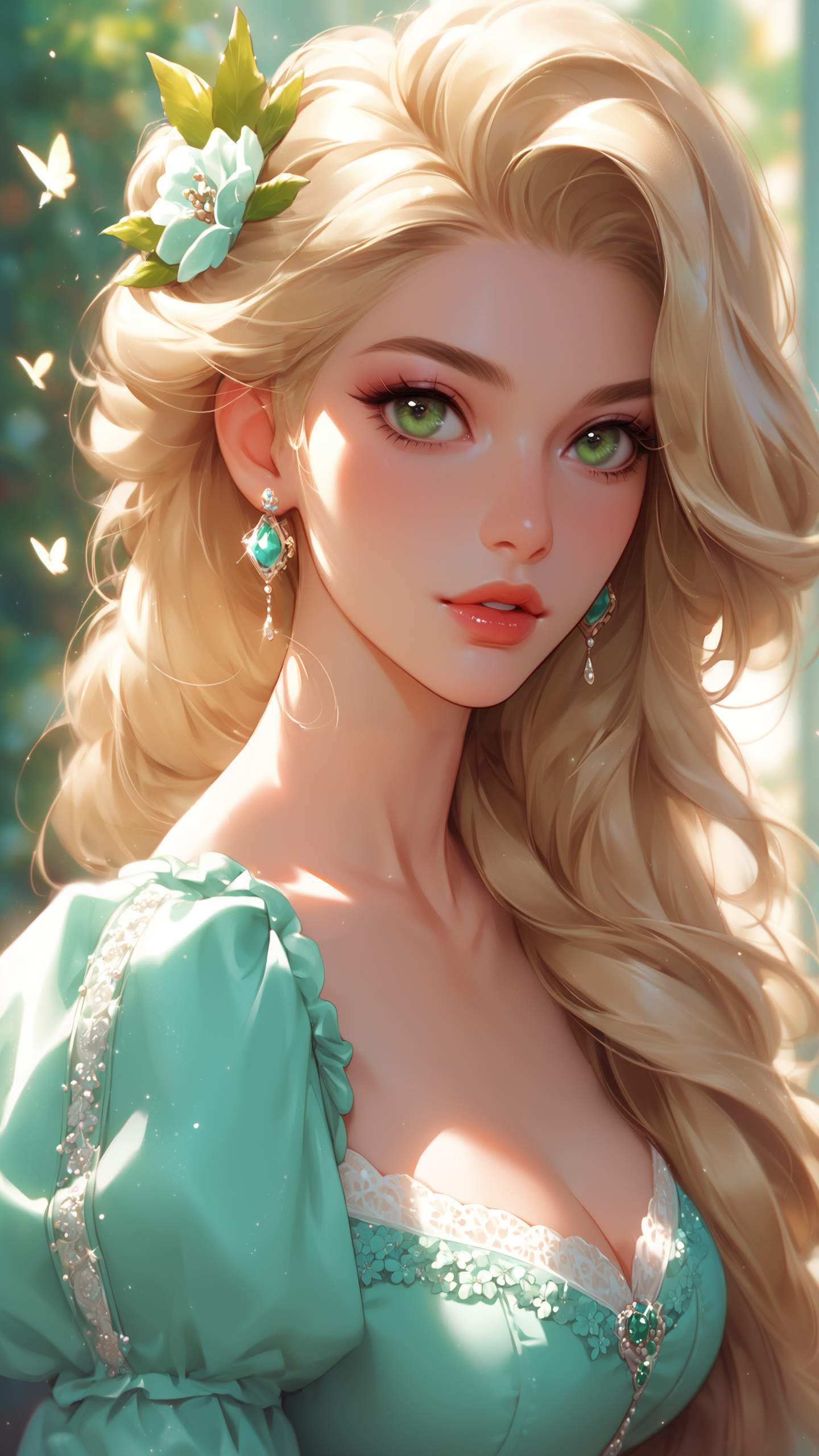 1880s adult Victorian wife mother with long blonde hair worn out and full, wearing light clothes, full lips and a soft face and large green eyes, score_9, score_8_up, score_7_up