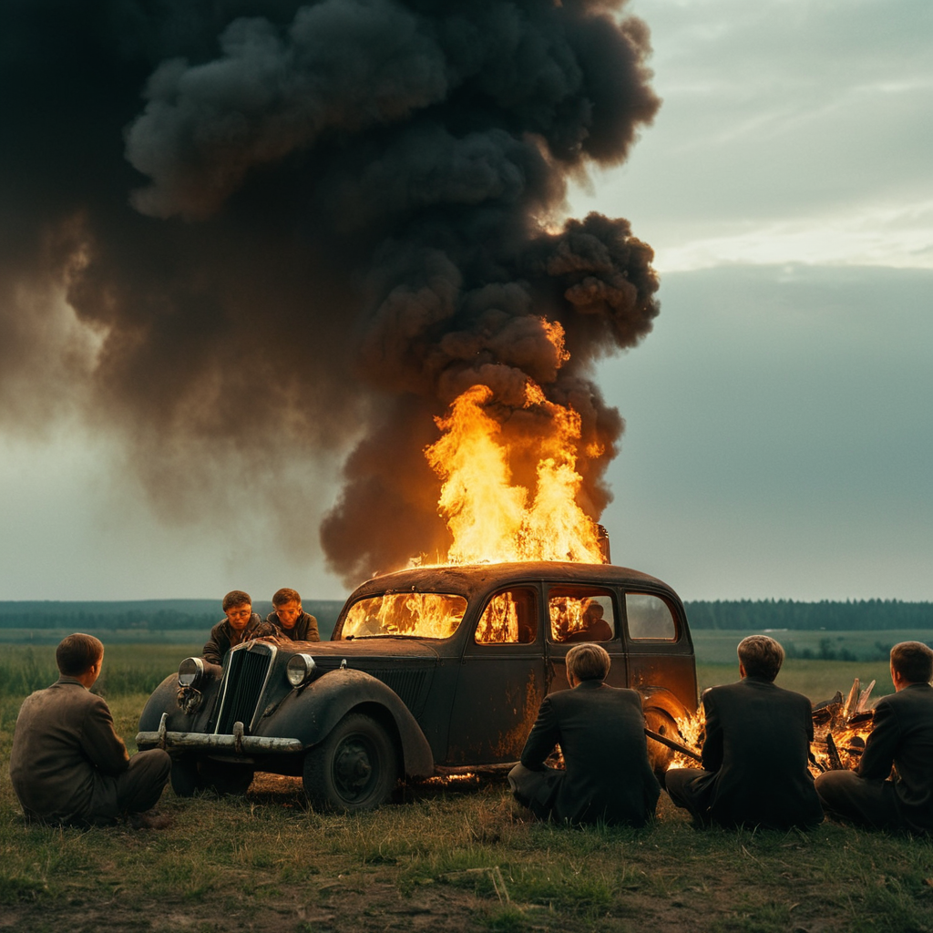 cinematic film still of  <lora:Come and See style v2:1> wrinkly sad depressed
In 1943, in a small Belarusian village a group of people sitting around a fire burning curch,outdoors,multiple boys,sky,cloud,fire,ground vehicle,scenery,motor vehicle,smoke,explosion , action, horror, war, movie themed, sharp, detailed, epic cinematic photography, artistic, creative, dramatic light, cinematic color style, Kodak film style, 8k resolution, Come and See style, shallow depth of field, vignette, highly detailed, high budget, bokeh, cinemascope, moody, epic, gorgeous, film grain, grainy