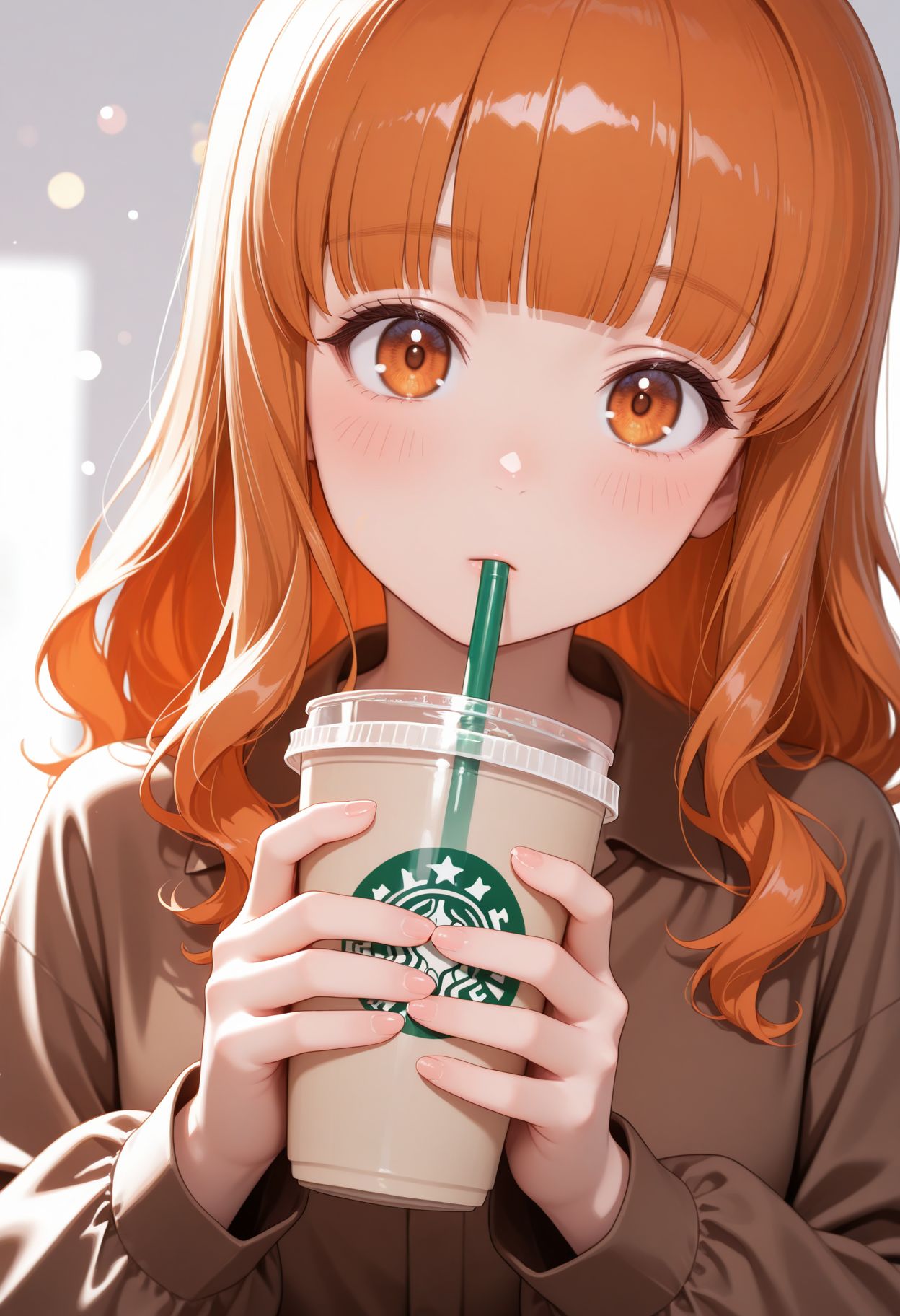 masterpiece,best quality,absurdres,highres,very aesthetic,high quality,detailed,insanely detailed,beautiful,perfect lighting, ,depth of field,blurry background,bokeh, <lora:Takebe Saori illu v2:1>
 long hair, blunt bangs, orange hair, orange eyes,
upper body, close portrait, looking at viewer, disposable cup, drinking straw, holding cup, white background, brown shirt, long sleeves, portrait, blush, upper body, simple background