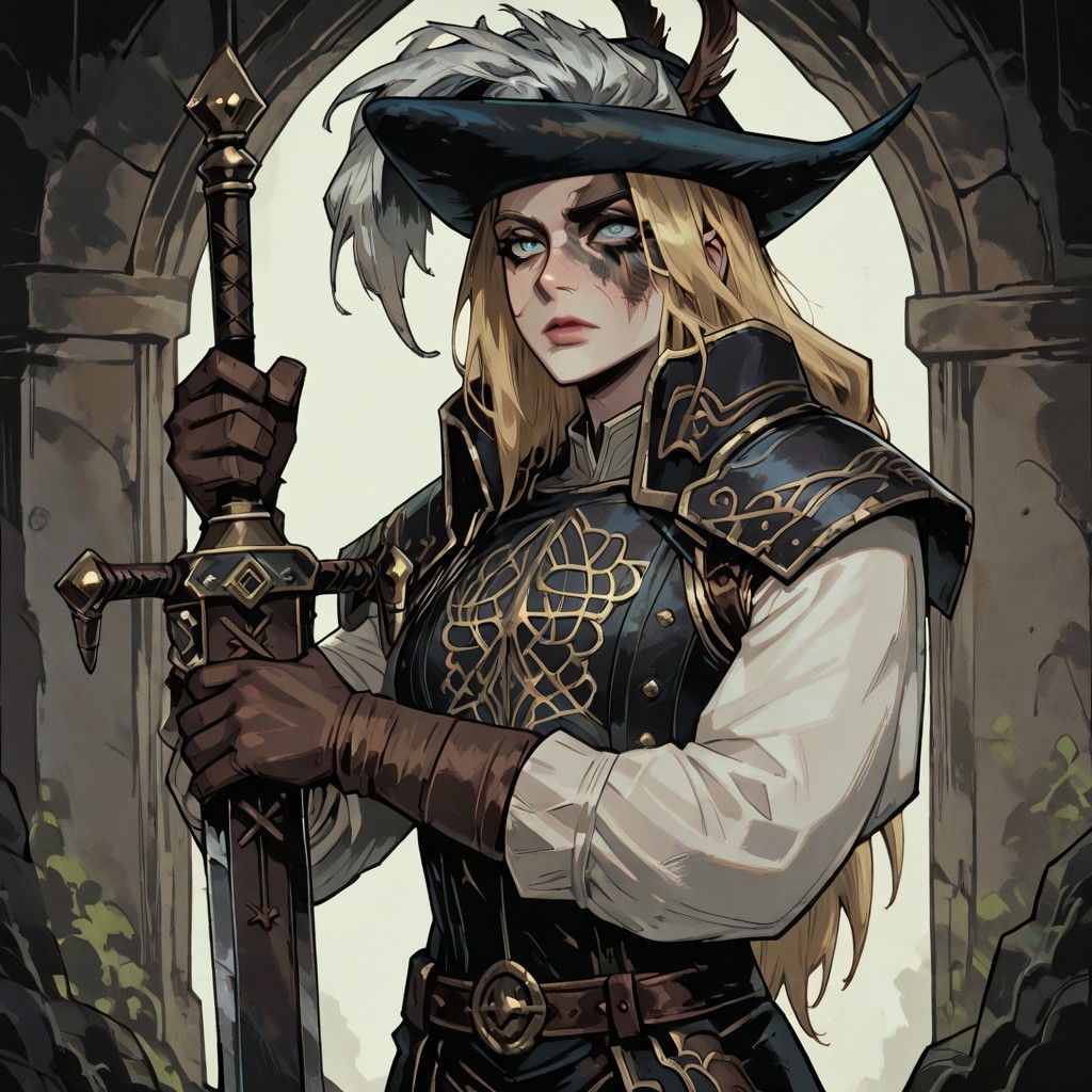masterpiece, best quality, newest, absurdres, highres, TTCSV1.0,
1girl, DS2Luc-V1.1, blonde, armor, hat, tricorne, brown gloves, long sleeves, hat feather, blue eyes, long hair, DS2Luc-V1.1-hollowing, scar, holding, holding weapon, sword, holding sword,