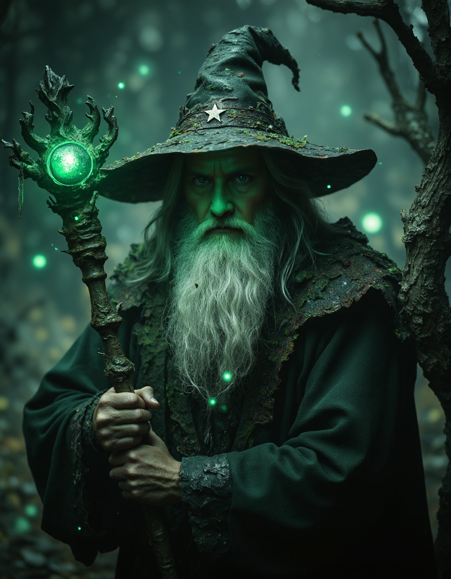 highly detailed cinematic scene, an ancient, mystical wizard stands in a dark, eerie forest. He has long white hair and a beard, wearing a tattered dark green robe and a pointed hat with a star on top. In his hand, he grips a gnarled staff covered in vines and moss, topped with a glowing green orb. His wise, powerful eyes peer from beneath his beard. The forest is filled with twisted trees, shrouded in darkness, with faint glowing orbs scattered throughout. The glowing green light from the staff contrasts sharply with the dark greens and blacks of the scene, moody, epic, film grain, <lora:Elden_Ring_-_Yoshitaka_Amano:0.6>, <lora:- Flux1 - soothing_atmo_V2.0:0.4>, <lora:aidmaMJ6.1:0.8>
