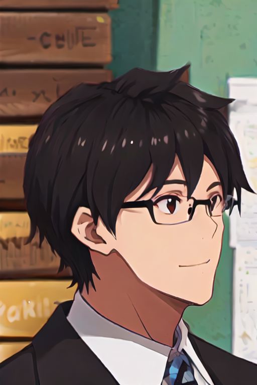 solo, 1boy, solo_focus, AkabaneP, black hair, brown eyes, glasses