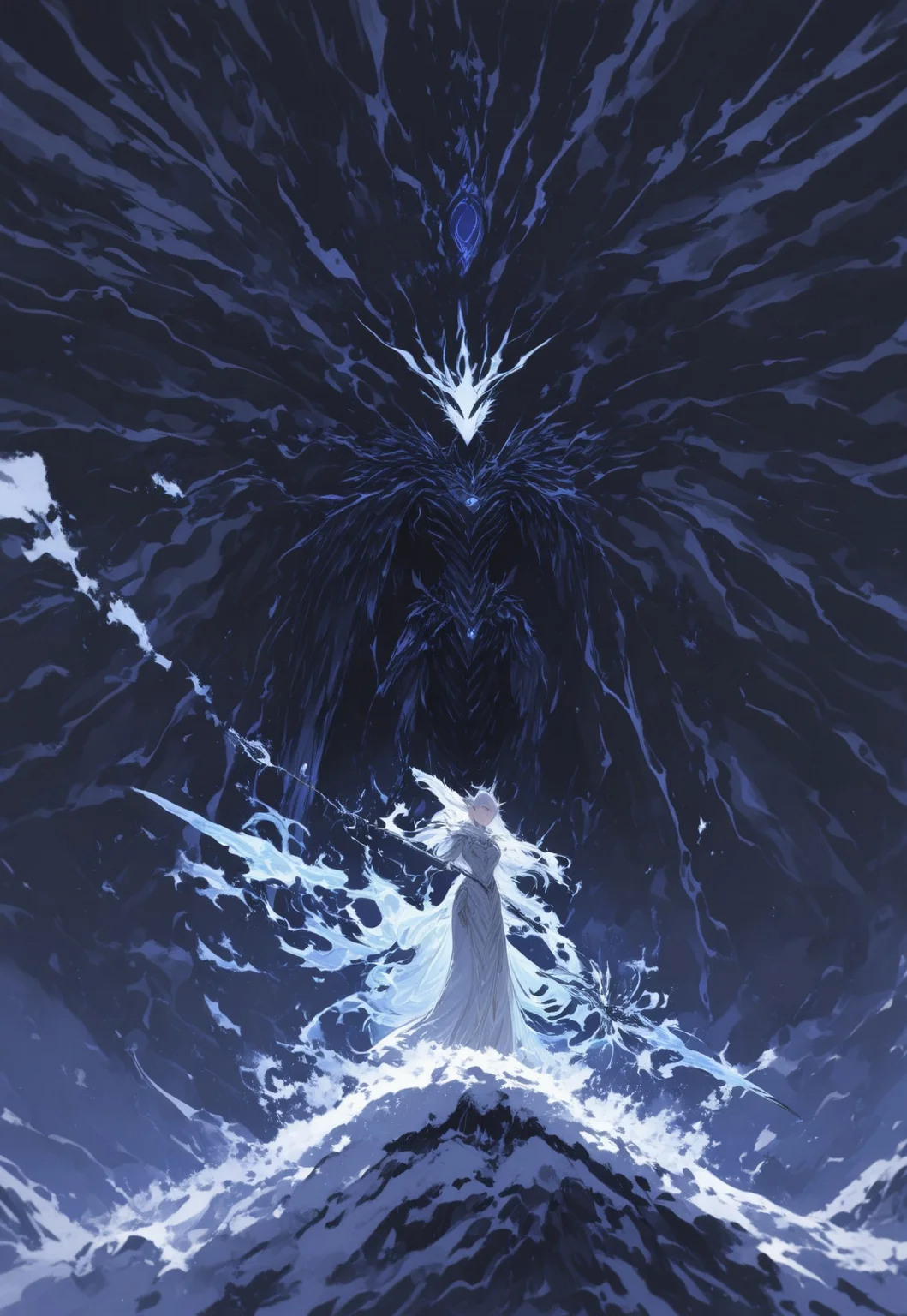 rating_safe, silver hair , Majestic eagle soaring high, transparent elements, intense gaze , flying water splashes, long flowing mane, light wrinkles, science fiction, steel armor, faceless, broken windows, holding a holographic scepter , white feathers blending with the snow, spectral humanoid, flames trailing behind, standing on a mountain peak. A wise owl perched on a branch in a moonlit forest. , Portal to another world, Vampire queen