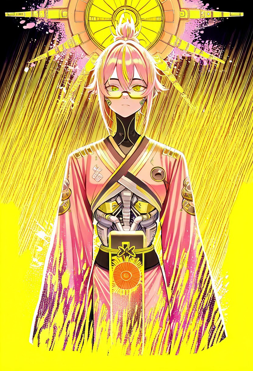 , score_9, score_8_up, score_7_up, 1girl, solo,  painting of a cyberpunk woman wearing a futuristic kimono in front of stylized sun, cybernetic implants, paint splashes, outrun, teal and yellow background