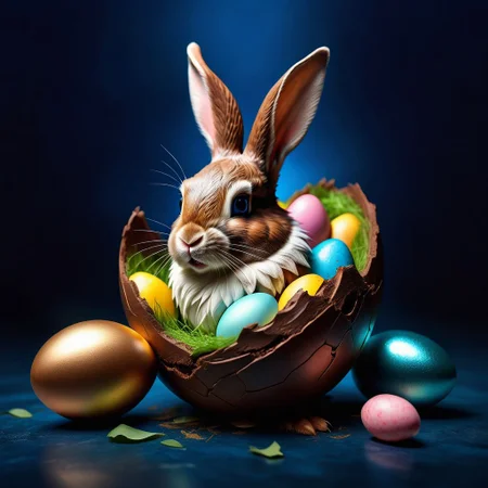 Ultra realistic full body color pencil drawing of the Easter bunny being hatched from a chocolate egg,
BREAK
Deep dark  misty midnight blue background, ,
Dark theme, dynamic lighting, (soft shadows), (soft focus),  (photo realistic), uhd, 8k
