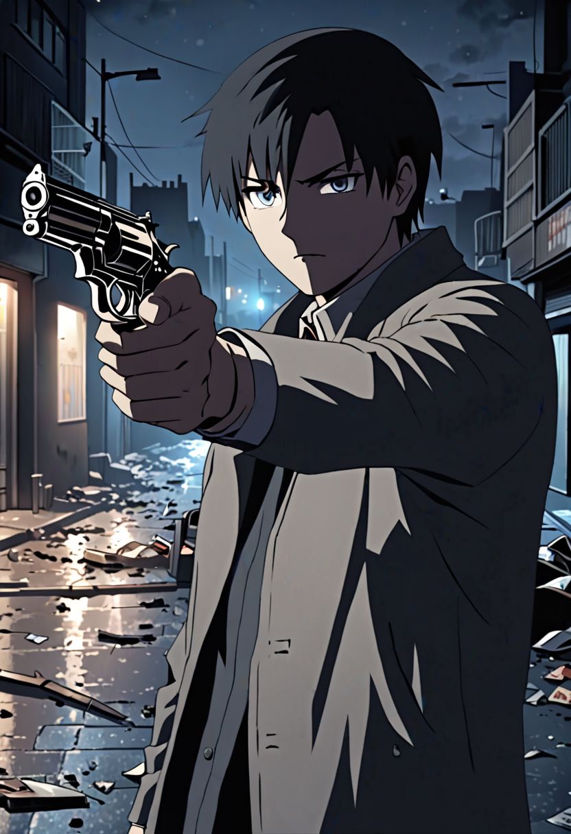 Highres, Masterpiece, High Quality, 4K, 8K, solo, 1Boy, Takaki Toono, adult, black hair, short hair, potrait, midnight, quiet street, big city, dim street lights, scattered trash, dirty, cold, tense, mysterious, sharp eyes, merciless, threatening, pointing a gun, revolver, weapon, pointing at the viewer, threatening, easynegative, detailed_eye_model
