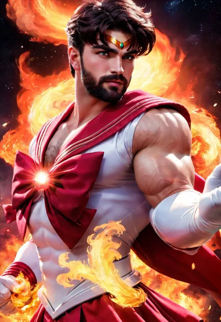 1male, male focus, riot style, digital art, concept art, semi realistic, fantasy, 4k, best quality, masterpiece, extremely detailed, very detailed face, very detailed eyes, dynamic angle, close up, dynamic pose, rising hand, movie poster of a male bodybuilder, MAN, MALE, muscular male, handsome, young man, brunette, medium hair, straight hair, pointed eyebrows, full beard, huge plumped lips, big lips, vieogame eyes, blush, big pectorals, strong, happy, smirking, wearing a sailor mars dress, sailor senshi uniform, shooting an arrow, fighting in space, surrounded by fire, (cinematic light, volumetric)