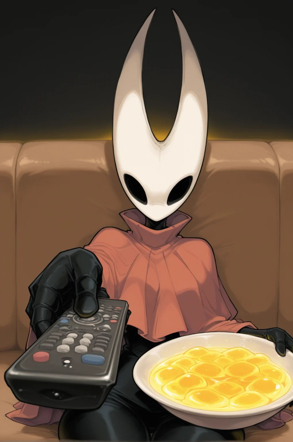 1girl, hollow eyes, hornet \(hollow knight\), red cloak, <lora:Hornet_hollow_knight_Illustrious-000007:0.9>,  <lora:ManWatchingTVMeme_illusXLNoobAI_Incrs_v1:1> sitting, holding bottle, holding remote control, controller, on brown couch, drinking yellow glowing liquid, looking at viewer, food, masterpiece, best quality, newest, absurdres, highres, new