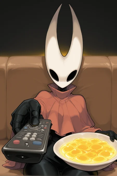 1girl, hollow eyes, hornet \(hollow knight\), red cloak, <lora:Hornet_hollow_knight_Illustrious-000007:0.9>,  <lora:ManWatchingTVMeme_illusXLNoobAI_Incrs_v1:1> sitting, holding bottle, holding remote control, controller, on brown couch, drinking yellow glowing liquid, looking at viewer, food, masterpiece, best quality, newest, absurdres, highres, new