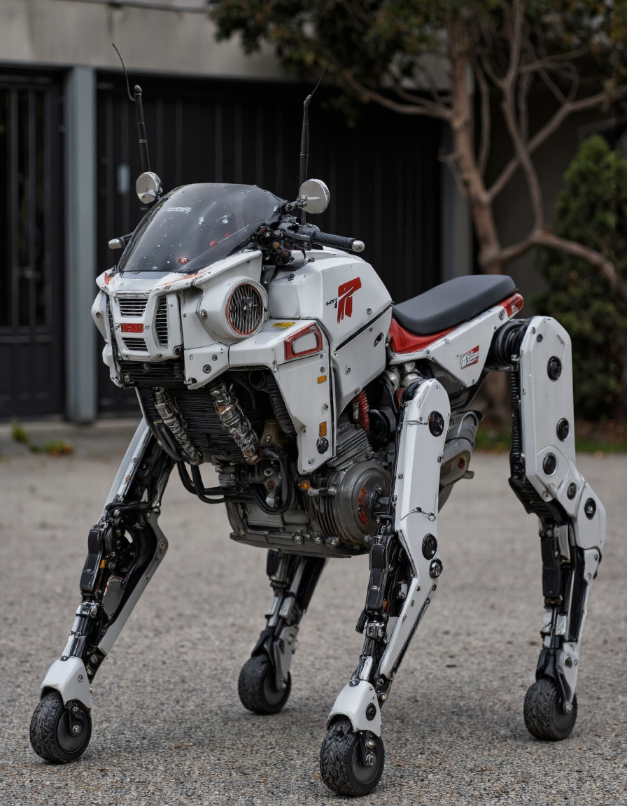 A photo-realistic shoot from a front camera angle about a futuristic robot with a sleek design, standing on a concrete surface in an outdoor setting. the image also shows a blurry outdoor setting with a building and trees in the background. on the middle of the image, a robot is standing, with its full body visible. the robot has a white body with red accents, a black seat, and a sleek, modern design. it has a large, angular headlight and a small, rectangular engine with a red "r" logo on the side. the motorcycle has a windshield and a windshield wiper, and it is equipped with a wireless antenna on its head, indicating that it is capable of transmitting signals from its surroundings.