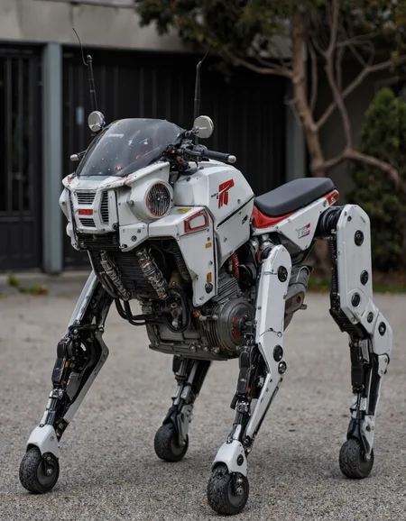 A photo-realistic shoot from a front camera angle about a futuristic robot with a sleek design, standing on a concrete surface in an outdoor setting. the image also shows a blurry outdoor setting with a building and trees in the background. on the middle of the image, a robot is standing, with its full body visible. the robot has a white body with red accents, a black seat, and a sleek, modern design. it has a large, angular headlight and a small, rectangular engine with a red "r" logo on the side. the motorcycle has a windshield and a windshield wiper, and it is equipped with a wireless antenna on its head, indicating that it is capable of transmitting signals from its surroundings.