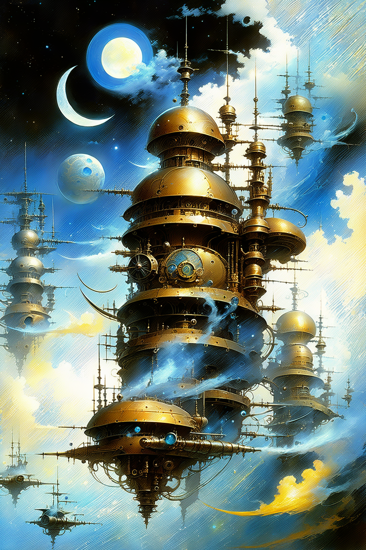 fantastic futuristic steam punk made of shiny brass towers, floating_swirls_made_of_steam, steam, smoke, blue sky, silver moons, dramatic color palette, <lora:add-detail-xl:2> misc   <lora:DonMW15pXL:0.5> DonMW15pXL,  <lora:d\EnvyFantasticXL01:1> <lora:John Berkey Style:0.6> John Berkey Style page, (masterpiece:1.2), best quality, (hyperdetailed, highest detailed:1.2), high resolution textures, <lora:EnvyBetterHiresFixXL01:1>