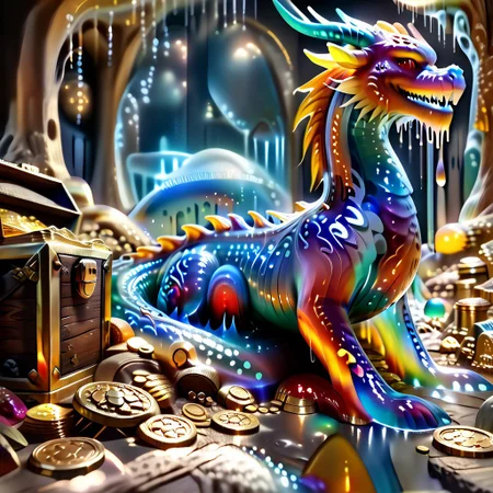 1dragon, highly detailed blue dragon, blue dragon made out of slime, scaly blue slime dragon, slime dragon with red eyes, blue slime dragon laying in its hoard, blue slime dragon with wings, dragon wings,
multi-colored gems made out of slime, in a room of treasure made out of slime, gold coins and bars made out of slime, wood-like treasure chest made out of slime, wood-colored slime chest, individual coins made out of slime, gold slime coins, piles of coins,
treasure-room, treasure, treasure chest, gemstone, coins, gold bars, gold pile,
everything made of slime, No simple background,
((translucent slime)), ((transparent slime)), (bioluminescent slime), sl1m3, slime, ais-blmn, watce, je11y, thickwater, great lighting, ral-lava, even lighting, no bright spots,