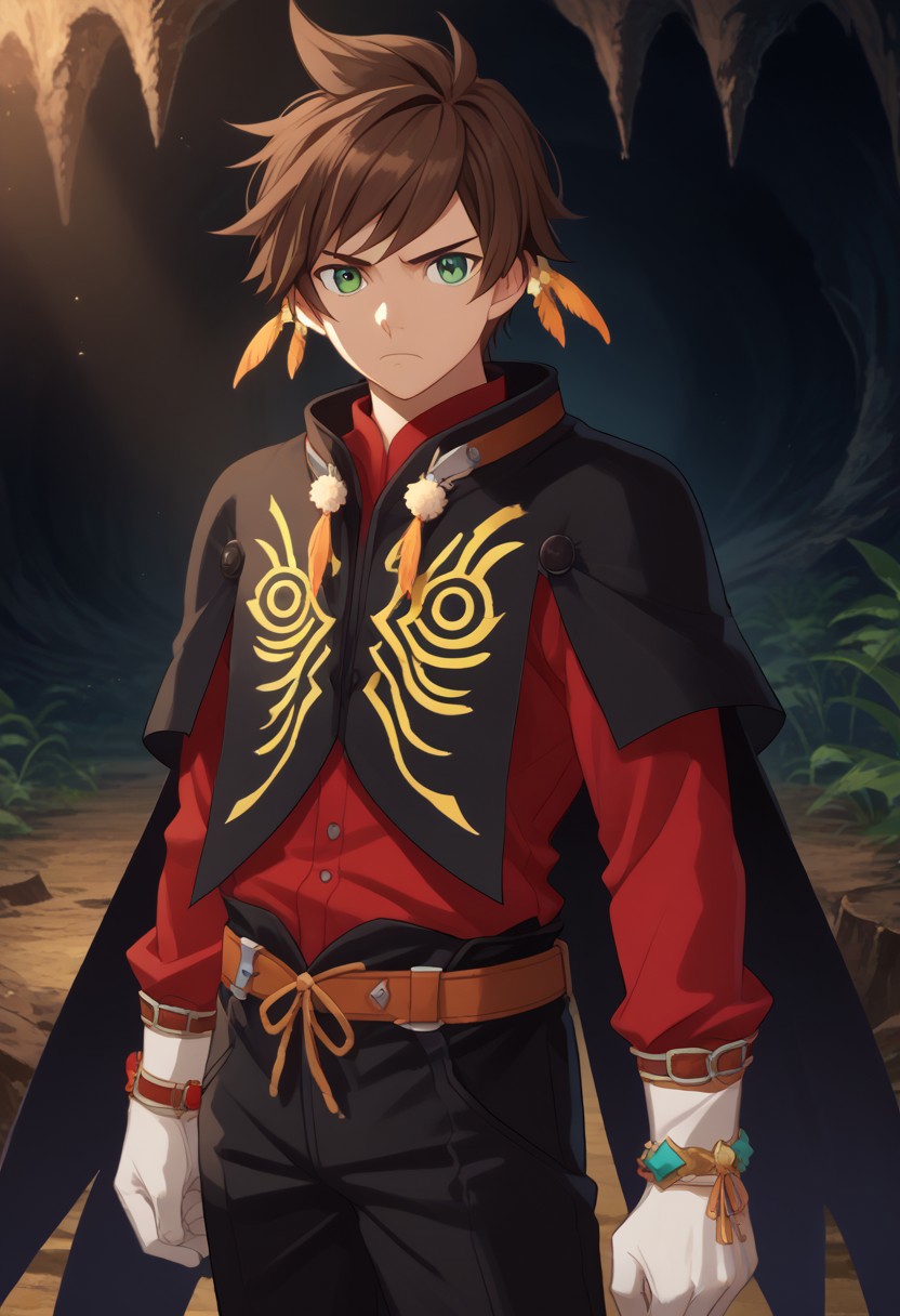 score_9, score_7_up, source_anime
sorey, 1boy, male focus, solo, green eyes, brown hair, short hair, jewelry, bracelet, earrings, feathers, feather earrings, shirt, red shirt, long sleeves, cape, black cape, gloves, white gloves, belt, pants, black pants, serious
indoor, cave,