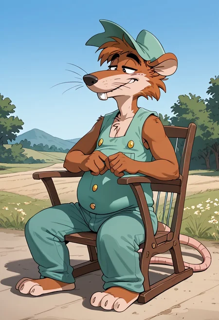 score_9, score_9_up, 1boy, furry, male, animal, opossum, orange fur, opossum ears, buckteeth, black eyes, long tail, rat tail, opossum tail, black nose, whiskers, green hat, green cap, green overall, overall pants, chubby belly, three toes, sitting on a rocking chair, cabbin portico, tired face, outdoors,