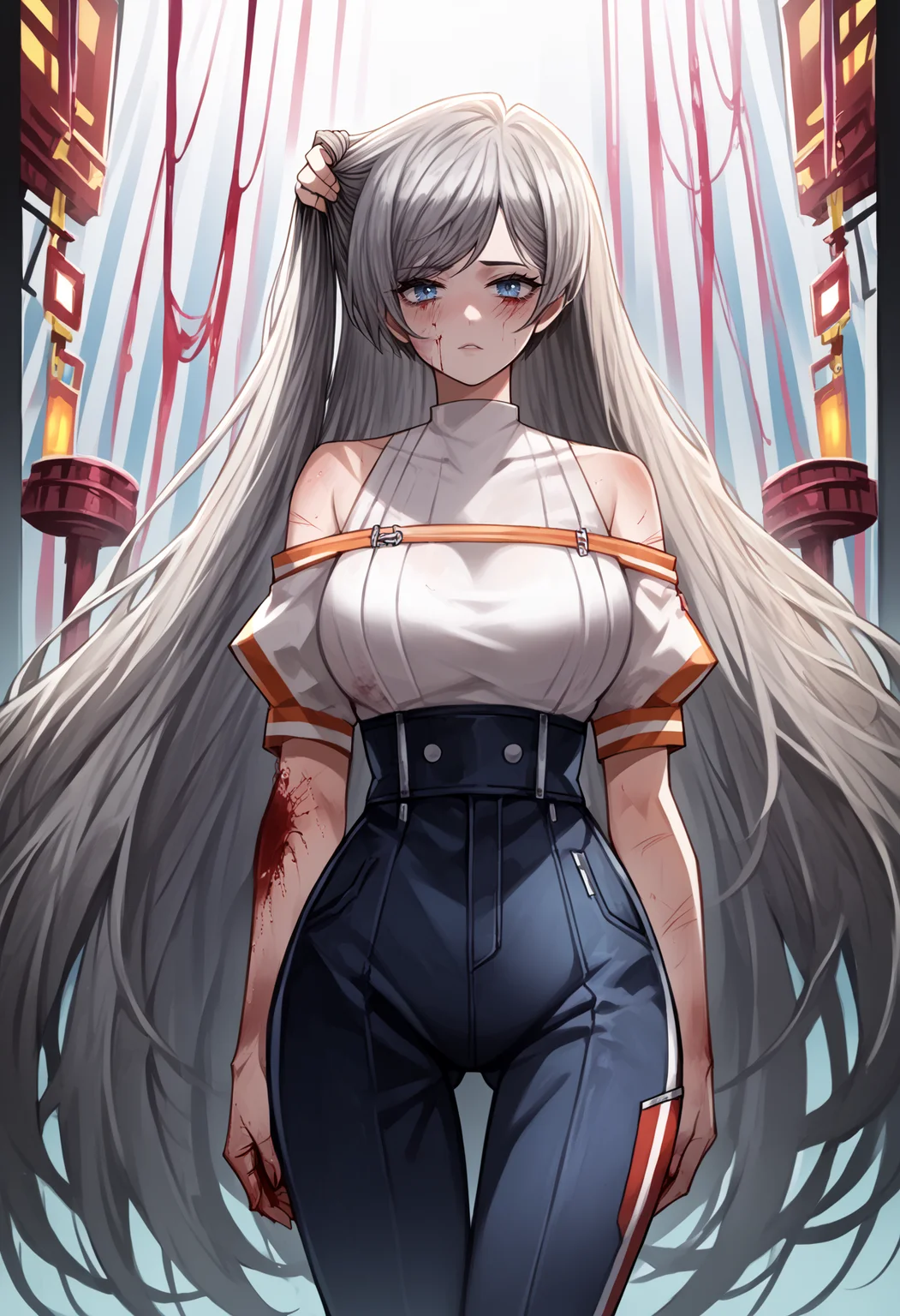 score_9, score_7_up, source_anime, uncensored, zPDXLxxx, <lora:intricate_details:0.5> intricate_details_xl, <lora:ProjectMoon_Style_v1.1:1> PM Style, (bleeding wound:1.25), rusty, striped background, cropped shoulders, thigh focus, roller coaster
1girl, solo, li, large breasts, grey hair, pixie cut, swept bangs, hair pulled back, absurdly long hair, dark blue eyes, looking at viewer, Jubbah