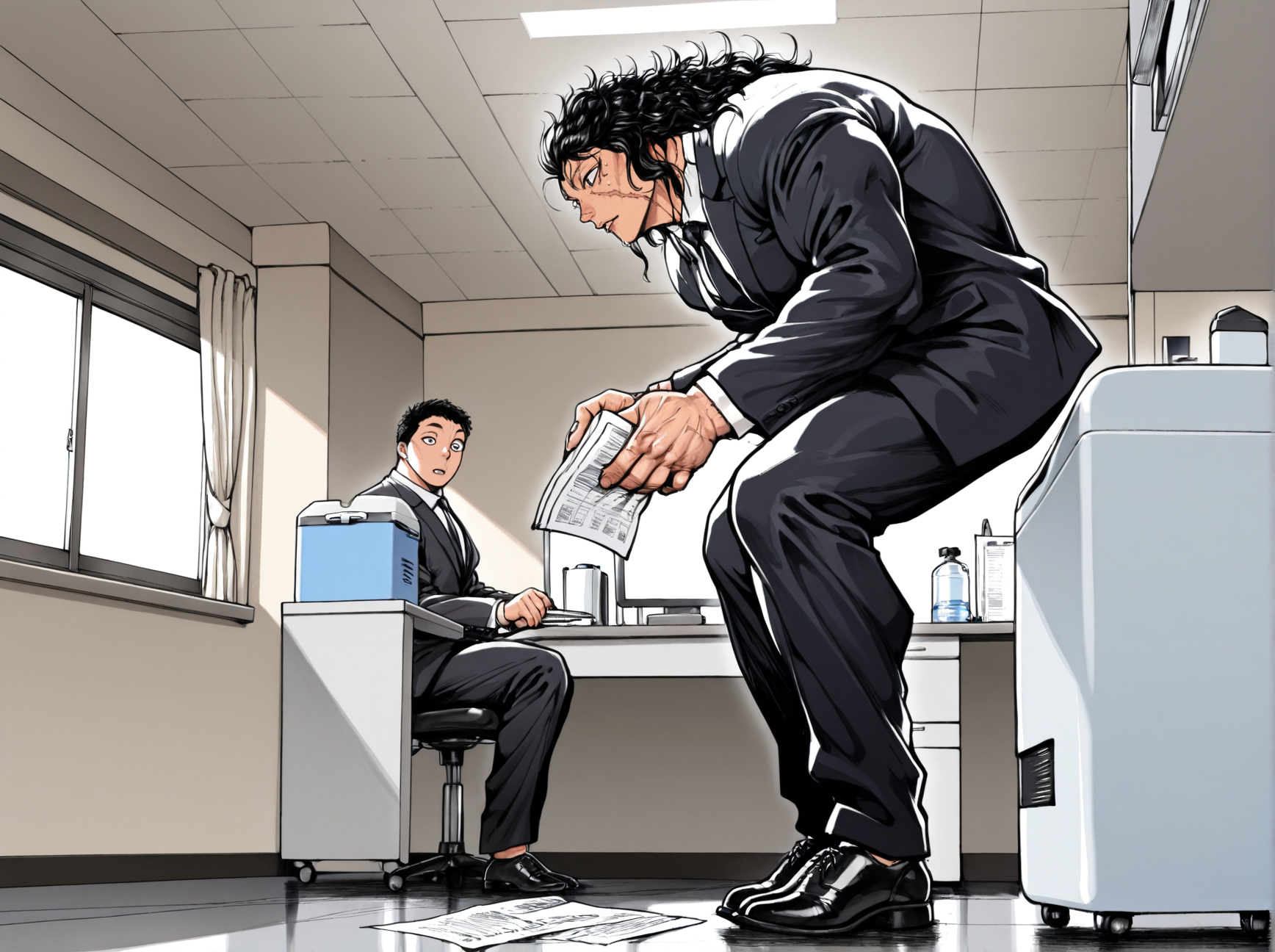 masterpiece, best quality, amazing quality, absurd res, 
 <lora:Pickle_Baki_for_Illustrious:1> 1boy, p1ckl3, muscular, scar, 
suit, tie, formal shoes, office, holding paperwork, window, water cooler,