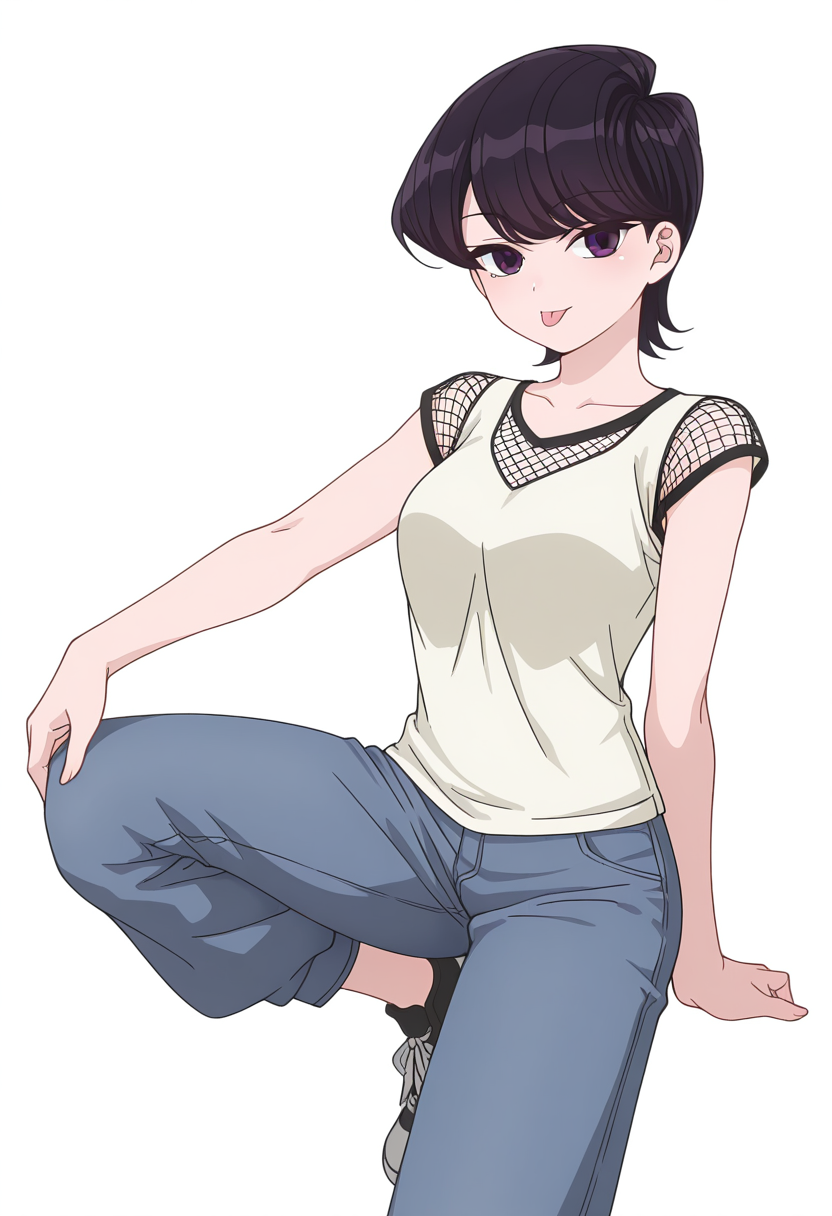 Smooth Quality,masterpiece,very intricate, high quality details, ultra realistic, high detailed skin,detailed enviorement,
simple background, white background,front view,:p,
 baggy pants, ,mesh shirt,  ,sleeveless shirt, ,
nombres.txt, <lora:Komi_Shuuko_cnn:0.8> komishuukocnn, 1girl,black hair, short hair, bangs, purple eyes,mature female,shirt, jeans, short sleeves,