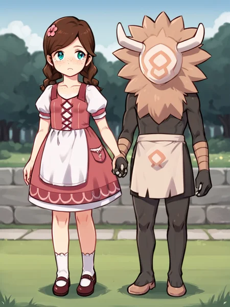 score_9, score_8_up, score_7_up, score_6_up, score_5_up, source_anime BREAK
<lora:Genshin_NPC_EllaMusk_Pony_v1:0.75>, 1girl, 1boy, full body, grassy field, running, (hilichurl:1.5), holding hands, teal eyes, brown hair, swept bangs, twin braids, (hair flower, hair ornament:1), collarbone, pink dress, flower pattern, short sleeves, white sleeves, (white apron:1.1), puffy sleeves, white socks, bobby socks, brown footwear, (mary janes:1.5), (freckles on cheeks and nose:1.3), (tareme:1.5), expressionless, from side,