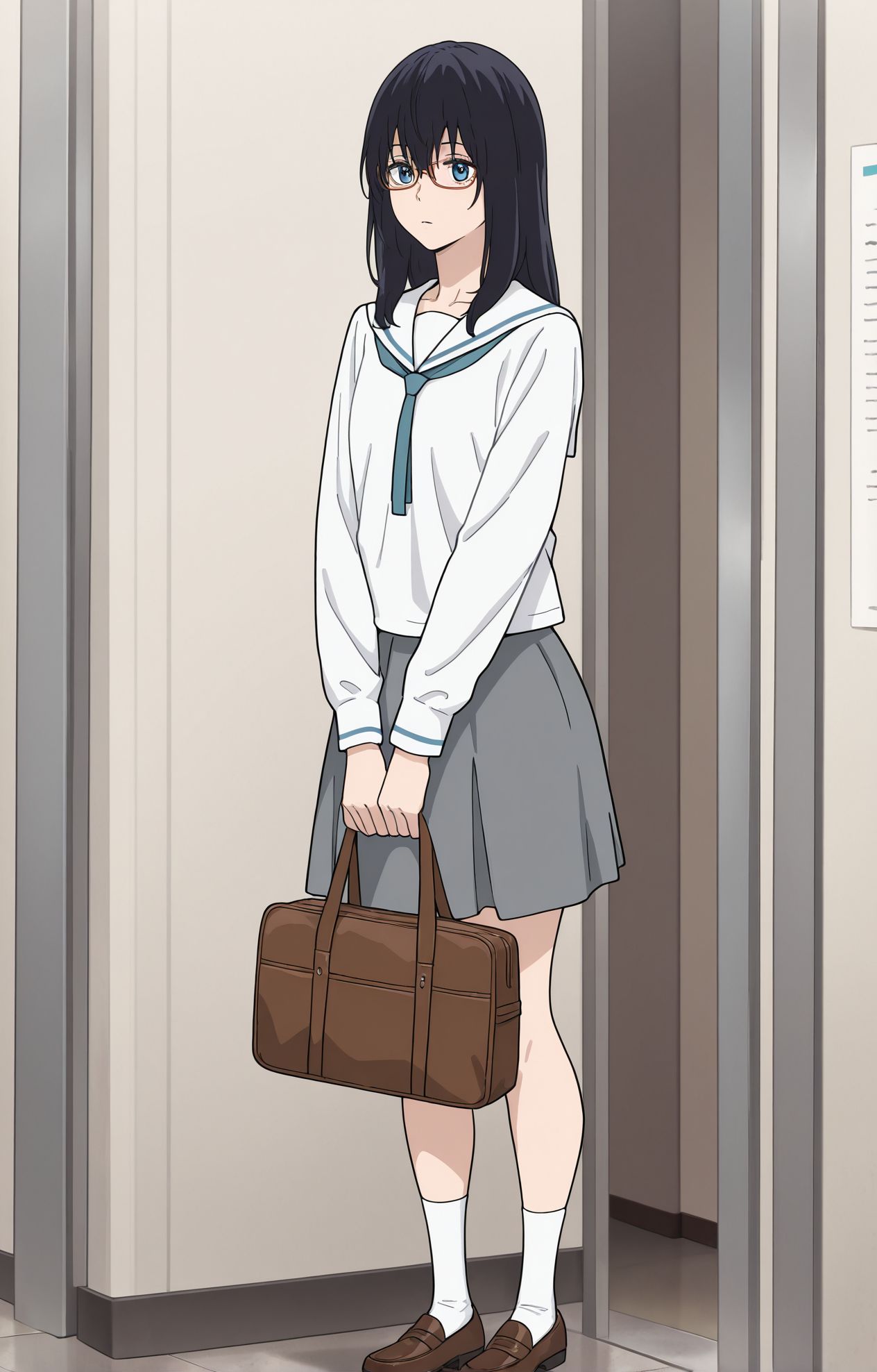 masterpiece,best quality,amazing quality,very aesthetic,absurdres,newest, huge filesize,
<lora:spo_sdxl_10ep_4k-data_lora_webui:0.5>,
1girl, solo,<lora:Hanaoka Shizuku-illus:1>,hanaoka shizuku,glasses,red-framed eyewear,long hair,serafuku,white shirt,grey skirt,holding bag,socks,brown footwear,expressionless,