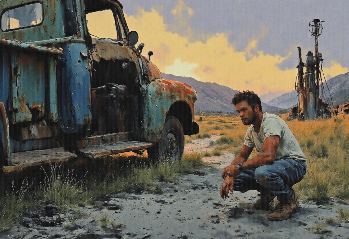 A figure dressed in a pair of faded blue jeans and a white t-shirt with grease smudges, hunched beside a dusty, navy blue pickup truck parked at an abandoned gas station. The person's hand is gripping the door handle, which has been pushed down, revealing a cracked, rusty interior. The sun is setting low in the background, casting a warm orange light that illuminates half of the truck and the figure's profile. The back left tire is in the foreground, appearing flat with a tire iron lying next to it. The figure's gaze is intense and focused on the tire, as if contemplating the best moment to start the repair. The scene is filled with a sense of anticipation and quiet urgency. The deserted surroundings are peppered with tall, weedy grass and a few old gas pumps that haven't seen use in decades. The cracked asphalt under the truck is baked by the day's heat and the sky is a canvas of pastel hues transitioning from light blue to deep purple. A sense of solitude is palpable, with the distant silhouette of a mountain range providing the only company to the solitary figure and their broken-down vehicle. The image captures a moment of resilience and readiness, where the protagonist awaits the perfect opportunity to tackle the problem at hand.