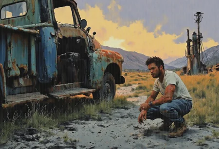 A figure dressed in a pair of faded blue jeans and a white t-shirt with grease smudges, hunched beside a dusty, navy blue pickup truck parked at an abandoned gas station. The person's hand is gripping the door handle, which has been pushed down, revealing a cracked, rusty interior. The sun is setting low in the background, casting a warm orange light that illuminates half of the truck and the figure's profile. The back left tire is in the foreground, appearing flat with a tire iron lying next to it. The figure's gaze is intense and focused on the tire, as if contemplating the best moment to start the repair. The scene is filled with a sense of anticipation and quiet urgency. The deserted surroundings are peppered with tall, weedy grass and a few old gas pumps that haven't seen use in decades. The cracked asphalt under the truck is baked by the day's heat and the sky is a canvas of pastel hues transitioning from light blue to deep purple. A sense of solitude is palpable, with the distant silhouette of a mountain range providing the only company to the solitary figure and their broken-down vehicle. The image captures a moment of resilience and readiness, where the protagonist awaits the perfect opportunity to tackle the problem at hand.