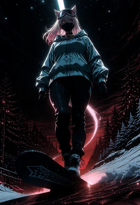 lazypos, 1girl, solo, Pink and teal cropped puffer jacket, black ski pants, oversized sweatshirt, snowboard, goggles on head, ski resort,blizzard, storm,badass, black and white ,snowboarding,jumping <lora:dark_art_style_illustriousXL:1> dark_art_style <lora:darkness_xl_v20:0.4> <lora:Airi_Noir:1> AiriNoir, animal ears, mouth mask, platinum blonde hair, choker, bell, pink eyes, two-tone hair <lora:V2_yakumo_alchemy:0.8> Red theme, glowing, glowing particles, glowing light particles, light particles