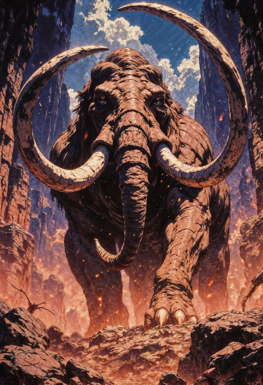 In the depths of an ancient dungeon, a colossal mammoth reigns supreme, using its immense strength to demolish the very rocks that imprison it. The vivid image, whether a highly detailed painting or a striking photograph, captures every aspect of the mammoth's power and fury. Every wrinkle in its weathered skin, every massive tusk and thunderous stomp is depicted with stunning clarity and precision. The vibrant colors and intricate textures make this image a masterpiece that truly brings to life the grandeur and primal force of this magnificent creature.