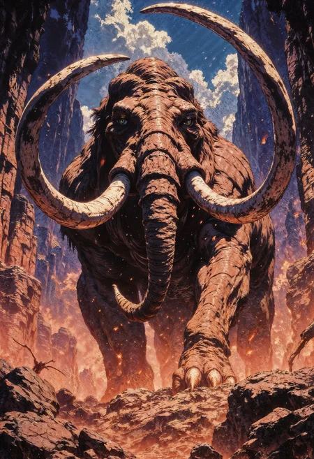 In the depths of an ancient dungeon, a colossal mammoth reigns supreme, using its immense strength to demolish the very rocks that imprison it. The vivid image, whether a highly detailed painting or a striking photograph, captures every aspect of the mammoth's power and fury. Every wrinkle in its weathered skin, every massive tusk and thunderous stomp is depicted with stunning clarity and precision. The vibrant colors and intricate textures make this image a masterpiece that truly brings to life the grandeur and primal force of this magnificent creature.